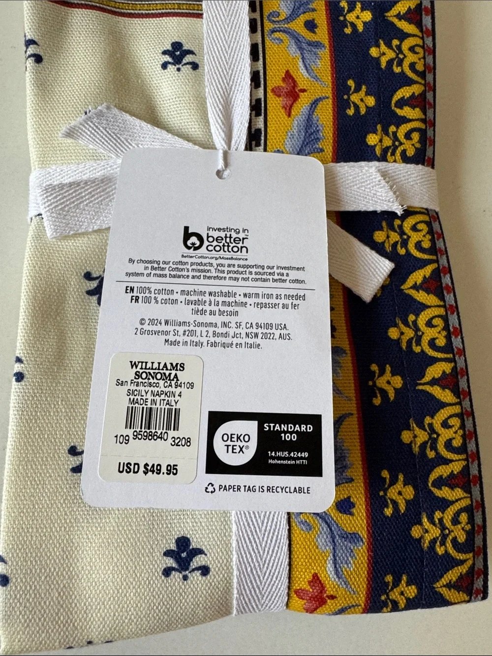 NEW Williams Sonoma Cream and Navy Fleur Kitchen Cotton Set w/Multicolor Border